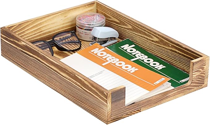 BTSKY 1PC Vintage Wood Letter Tray with Anti-Slip Bars, Stackable A4 Paper Document File Organizer, Solid Wood Desktop Office Desk Storage Holder for Office and Home