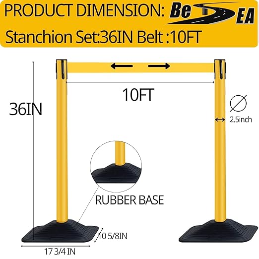 BESEA 4 Pack 36" Yellow Crowd Control Barriers with 10FT Retractable Belt, Heavy Duty Rectangle Base Stanchions for Queue Management, Event, Hotel, and Airport Use