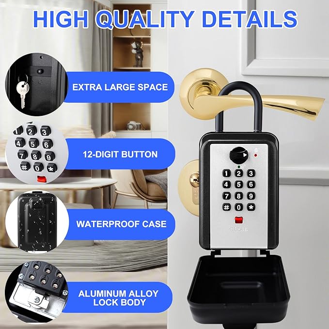 Key Lock Box, 12-Digit Code, Weatherproof Wall Mount, Large Capacity 5-8 Keys, Aluminum Alloy (Silver, 3.58 * 2.24 * 7.8IN with Shackle)