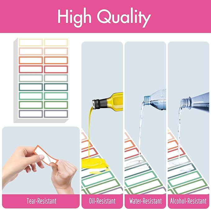 270 PCS Removable Labels, 9 Colors Self-Adhesive Rectangular Stickers Water/Oil/Tear Resistant for Food Containers, Freezer, Kitchen, Files, Jars, Pantry Storage, Office, Bathroom, School (15 Sheets)