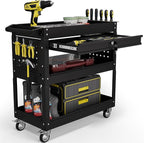 3 Tier Tool Cart on Wheels with Drawers - Three Tier Rolling Cart with Lockable Storage - Mechanic Tool Chest - Tool Chest with Wheels Used in Garage, Indoors, Workshop (Black)