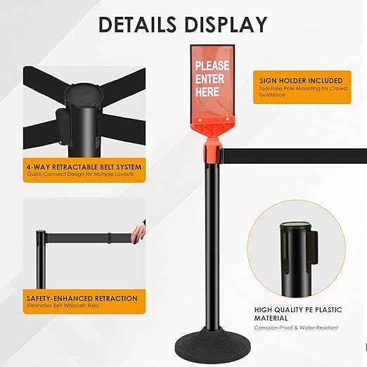 6 Pack Stanchions with Retractable Belts - Heavy Duty Crowd Control Barriers with Weighted Rubber Base, 10FT Retractable Belt Stanchions for Queue Line, Events, Public Safety(Black，6 Pack）