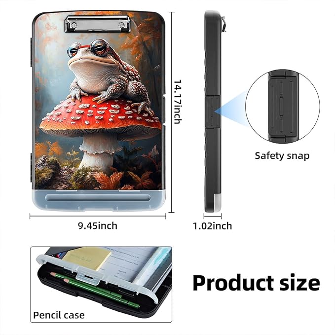 Clipboard with Storage Box & Pen Holder,Heavy Duty Clip Boards 8.5x11 for Nursing,High Capacity,School & Office Supplies,Frog Mushroom