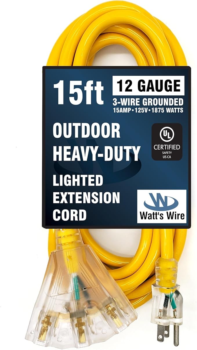 15 ft Outdoor Extension Cord Waterproof - 12 Gauge Heavy Duty Extension Cord 15 ft - Lighted Outdoor Extension Cords with Multiple Outlets - Watts Wire - 15' Grounded - extensiones electricas