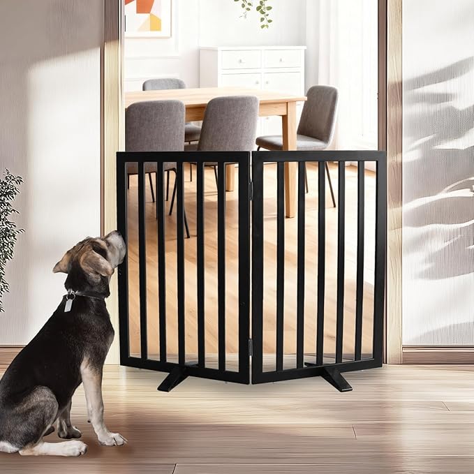 ZJSF Freestanding Indoor Dog Gate for House Foldable Wood Puppy Gate for Doorways Pet Gate for Stairs Extra Wide Pet Fence, Black, 32" Height 2 Panels