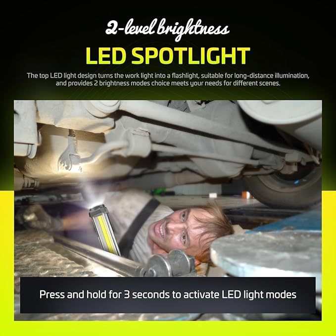 WARSUN 2PC Rechargeable 1500LM COB LED Work Light-Magnetic Hands-Free Trouble Light with Hook, IPX4 Waterproof for Garage Repair, Stocking Stuffers Mens Gifts-Emergency Light Tool for Men (Yellow)