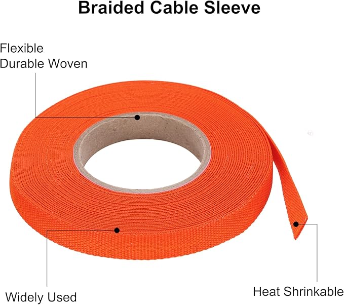 MECCANIXITY Braided Cable Sleeves Heat Shrinkable Fabric Sleeving, 5/16" 33ft Orange 2:1 Ratio Heat Shrinkable Cord Protector for Harness Cable, Network Cable Protection, Cable Management