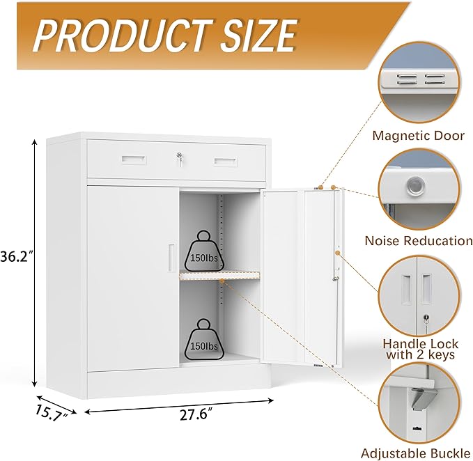 Metal Storage Cabinet with Drawer, 36" H White Locking Metal Cabinet, Adjustable Shelf File Cabinet Cabinet with Doors for Home Office, Garage, Warehouse, Laundry Room, Basement