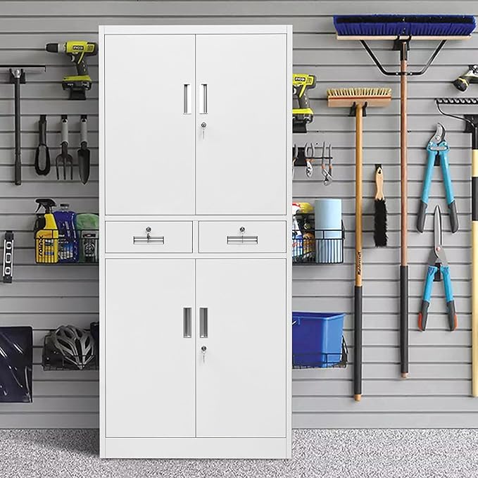 Metal Storage Cabinet, Locking Storage Cabinet with Adjustable Shelves and 2 Drawers, 16" D x 32" W x 71" H Steel Cabinets for Office, Garage, Home, Classroom, Utility Room(White)