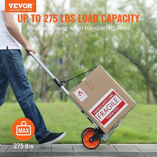 VEVOR Folding Hand Truck and Dolly, 275 Lbs Capacity, Aluminum Foldable Cart, Heavy-Duty Luggage Trolley Cart with Telescoping Handle and PP+TPR Wheels for Home, Office, Shopping, Travel