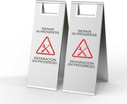 2 Pcs Maintenance Work in Progress Floor Sign , 24 Inch Stainless Steel Repair In Progress Sign Double Sided Foldable Bilingual Commercial Safety Warning for Hotel Market Restroom Restaurant Office (Silver)
