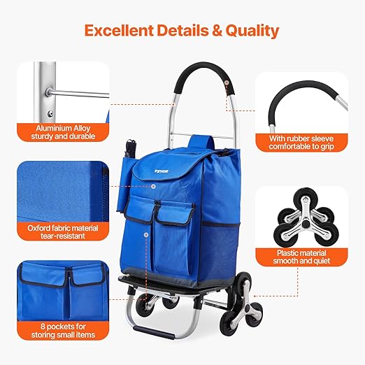 VEVOR Stair Climber Cart, 36L Capacity, Grocery Cart Laundry Stair Climbing Handcart with 6 Wheels & Oxford Cloth Bag, Foldable Stair Climber Hand Truck for Grocery Laundry Climbing