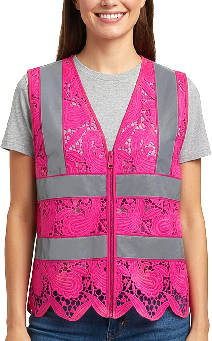 Lace-Mesh Safety Vest for Women & Men - Breathable, High Visibility Vest with Zipper & ANSI Class 2 Reflective Strips