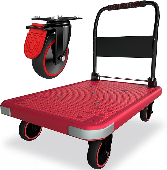 WUD Foldable Hand-Push Platform Truck with Brake, 360-Degree Swivel Wheels, 35.4”L x 23.6”W, 880 lb Load Capacity, Suitable for Luggage, Travel, Moving, Shopping, Office, Home Garden,Pink