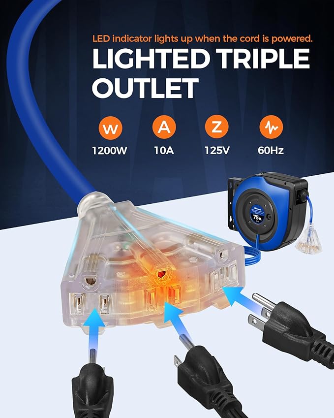Retractable Cord Reel, 75 FT Heavy Duty Extension Cord, 14AWG/3C SJTOW, 3 Grounded Outlets Lighted Triple Tap, 10A Circuit Breaker, Wall/Ceiling Mounted, UL Listed, Blue U75CR06