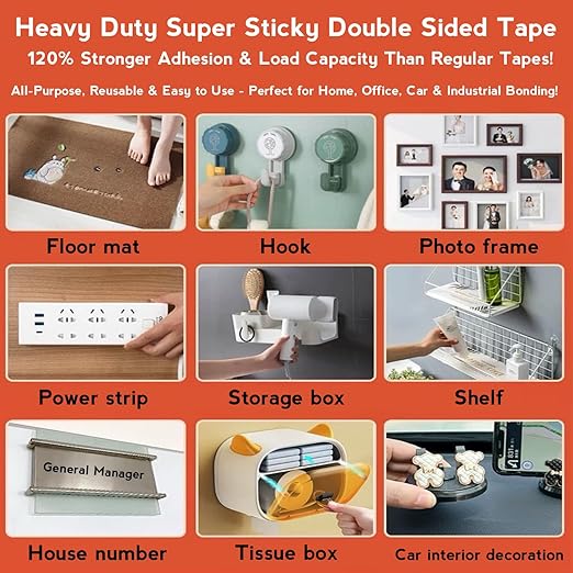 Double Sided Tape Heavy Duty, Nano Double Sided Adhesive Tape for Wall, Tile, Glass, Plastic, Metal, Marble, Ceramic | Perfect for Picture Hanging