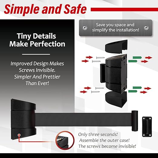 DuraSteel Wall Mount Crowd Control Retractable Belt Barrier - 9.2 Ft Black Retractables Barrier Belt w/ABS Casing Do Not Enter Crowd Control Barriers Line Divider NOT Stanchions with Retractable Belts