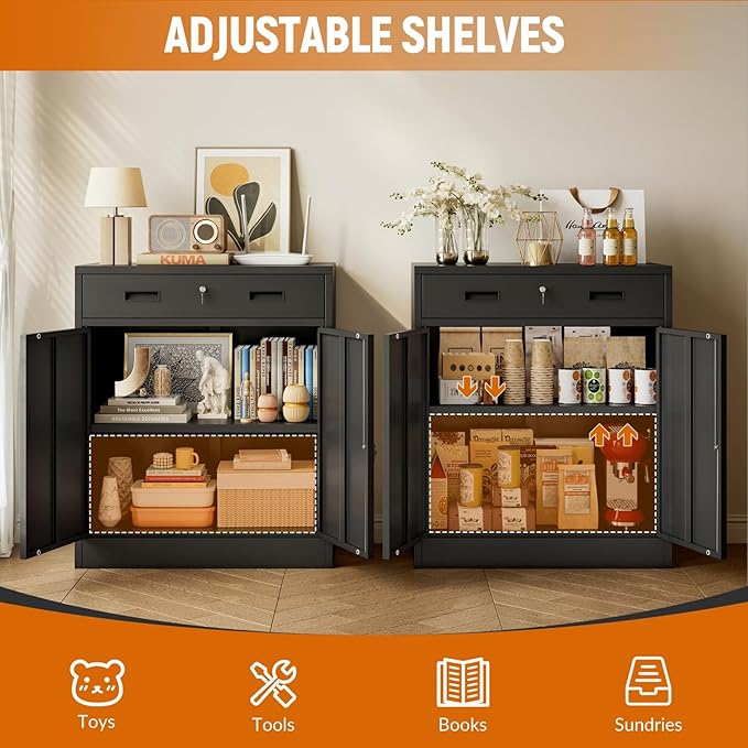 BESFUR 36" H Metal Cabinet with Lockable Drawer and 2 Lockable Doors, Black Locking Cabinet with Adjustable Shelf, Lockable Storage Cabinet for Home Office, Garage,School, Warehouse, Utility Room