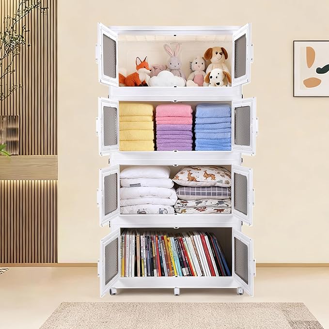 1200Qt Extra Large Stackable Storage Bin with Lid - 300Gal Heavy-Duty Plastic Collapsible Drawer with Wheels, Closet Storage Organizer for Clothes, Toys & Household Items, 4-Pack White