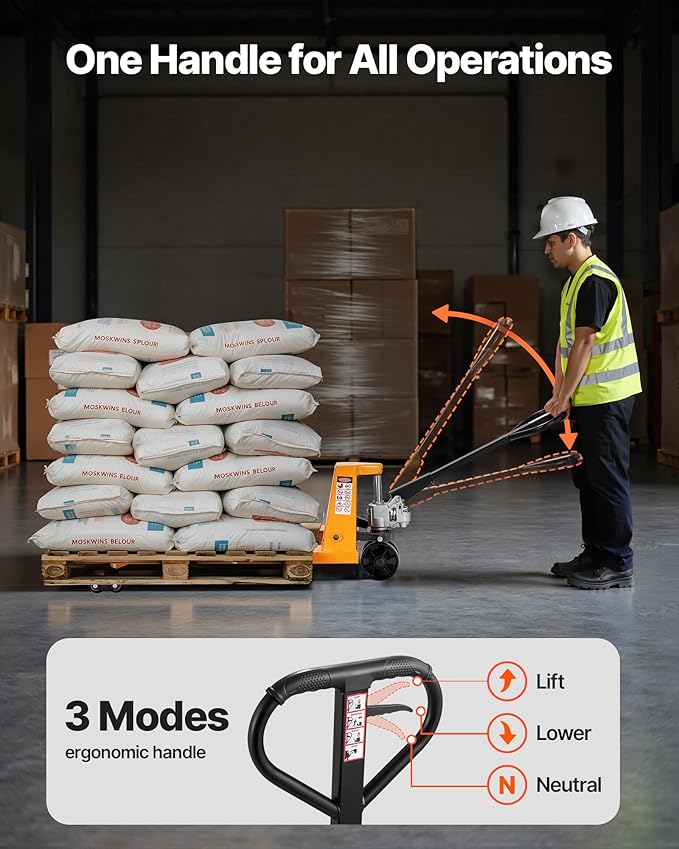 VEVOR Pallet Jack, 5500 lbs Load Capacity, Manual Pallet Truck with 48L x 27W Inch Forks for Material Handling, 3.35-7.1 Inch Fork Lift Height Range, Suitable for Warehouse, Supermarket, Manufacturing