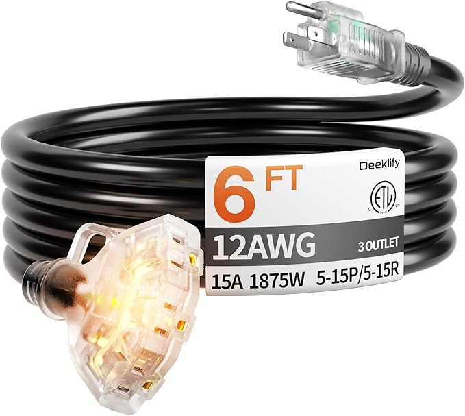 6 ft 12 Gauge 3 Outlet Extension Cord Splitter with Indicator, Waterproof Indoor/Outdoor Extension Cord with Multiple Outlets, 15A 1875W for Home & Workshop, ETL Listed, Flexible Black SJTW