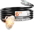 6 ft 12 Gauge 3 Outlet Extension Cord Splitter with Indicator, Waterproof Indoor/Outdoor Extension Cord with Multiple Outlets, 15A 1875W for Home & Workshop, ETL Listed, Flexible Black SJTW