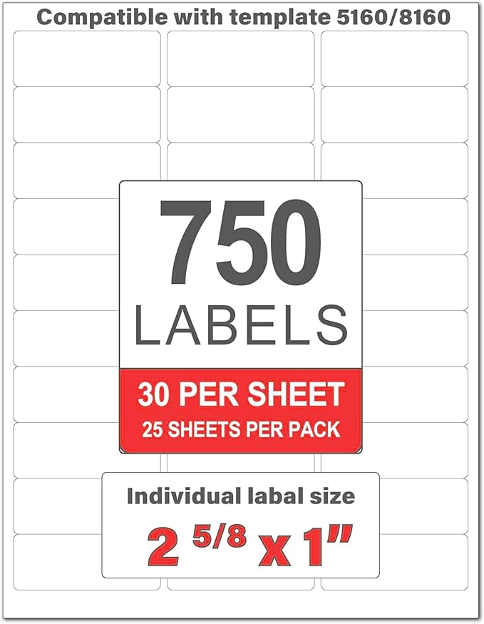 Perfect Peel Printable Address Labels, 1" x 2-5/8" Customizable Stickers, White, 750 Blank Mailing Labels, Great for Mailing, Shipping, and More (Compatible with 8160)