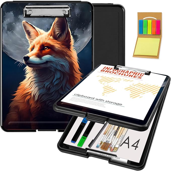 Clipboard with Storage,Office Supplies Nursing Clipboards Folder with Pen Holder Plastic Foldable Clip Board with Storage for Nurse Teacher,Fox and Moon