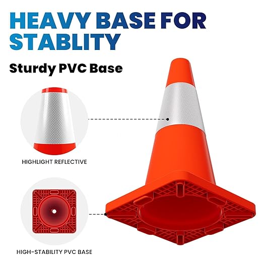 20 Pack 18" Traffic Cones, Orange Safety Cones with Heavy Stable PVC Base Reflective Collars, Multi-Use Parking Cones for Road Construction, Parking Lots, Driveway Marking