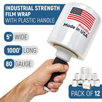 5" x 1000’ Industrial Strength Stretch Wrap, Ready to Use Pack of 12 Mini Rolls with one Handle, Clear Plastic Film, 80 Gauge, 500% Elongation – Heavy-Duty Shrink Wrap for Moving, Packing