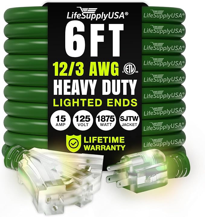 6ft Outdoor/Indoor Extension Cord 3-Outlet 12/3 Gauge Extra Heavy Duty ETL Listed, 3 Prong SJTW, Waterproof, Flexible Cold-Resistant Long Power Cord,15A 125V 1875W, Green by LifeSupplyUSA