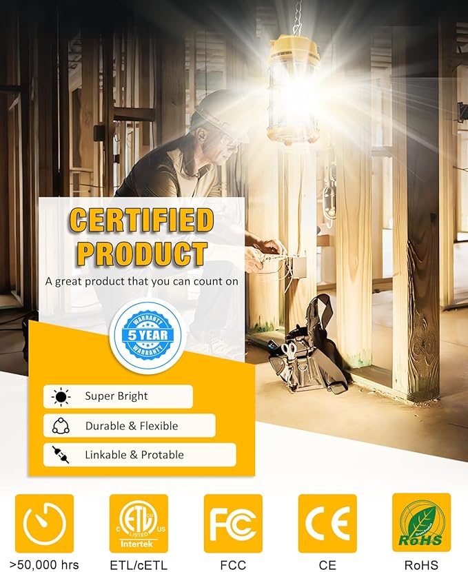 LED Temporary Work Light 150W 5000K 19,500lm Outdoor Construction Lights Job Site Lighting 10ft Cord Dust Waterproof Hanging Lighting