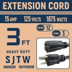 12 Gauge Indoor Heavy Duty Black Extension Cord 3 FT, 12 AWG SJTW Electrical Cable, Weather-Resistant Power Cord, Great for Gardenfor, Offices and Lawns