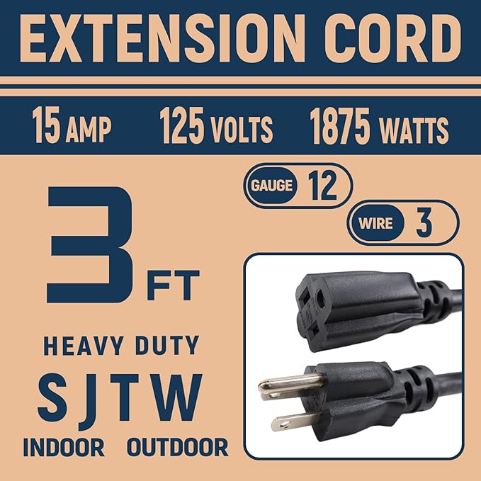 12 Gauge Indoor Heavy Duty Black Extension Cord 3 FT, 12 AWG SJTW Electrical Cable, Weather-Resistant Power Cord, Great for Gardenfor, Offices and Lawns