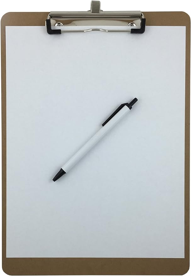 Pen Holder Clipboard, Letter Size, Low Profile Clip, Hardboard, 6-Pack (Pen Included)
