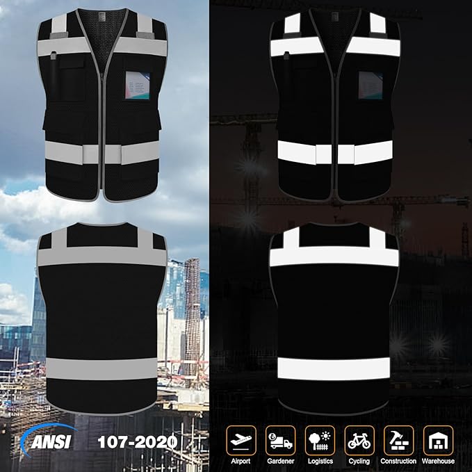 TCCFCCT Mesh Safety Vest for Men Women 5 Pockets Reflective Vest with Reinforced Zipper, High Visibility Construction Work Vest with Tabs for Walkie-talkie, Durable to Use, Meets ANSI/ISEA, Black, XXL