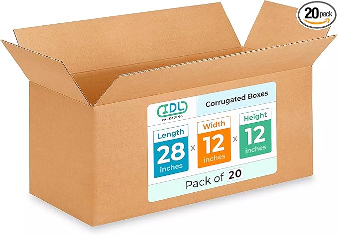 Long Shipping & Moving Boxes 28"L x 12"W x 12"H (20-Pack) - Extra Strength 200 lb vs Regular - Corrugated Strong Packing Boxes for Moving - Heavy Duty Shipping Box - Shiping Box by IDL Packaging
