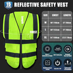 JaGely 15 Pack Reflective Safety Vests with Pockets and Zipper Construction Work High Visibility Vest for Men Women(Large,Fluorescent Green)
