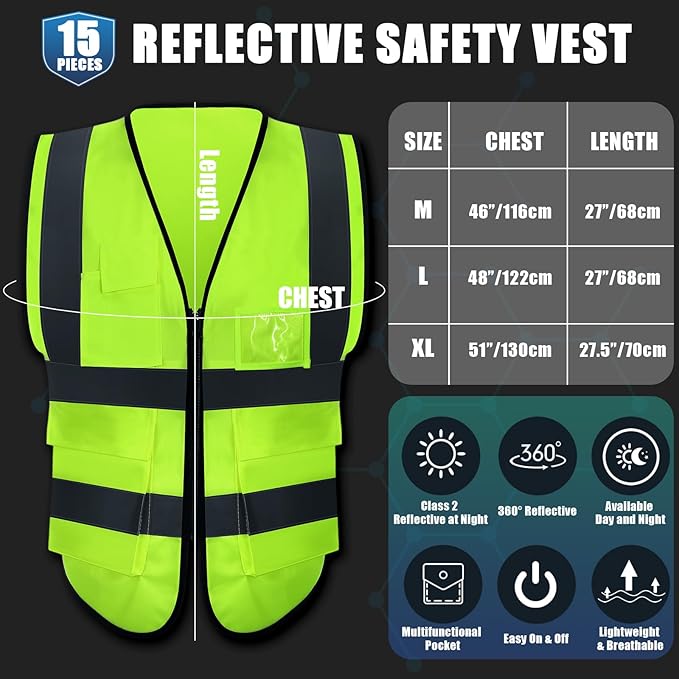 JaGely 15 Pack Reflective Safety Vests with Pockets and Zipper Construction Work High Visibility Vest for Men Women(Large,Fluorescent Green)