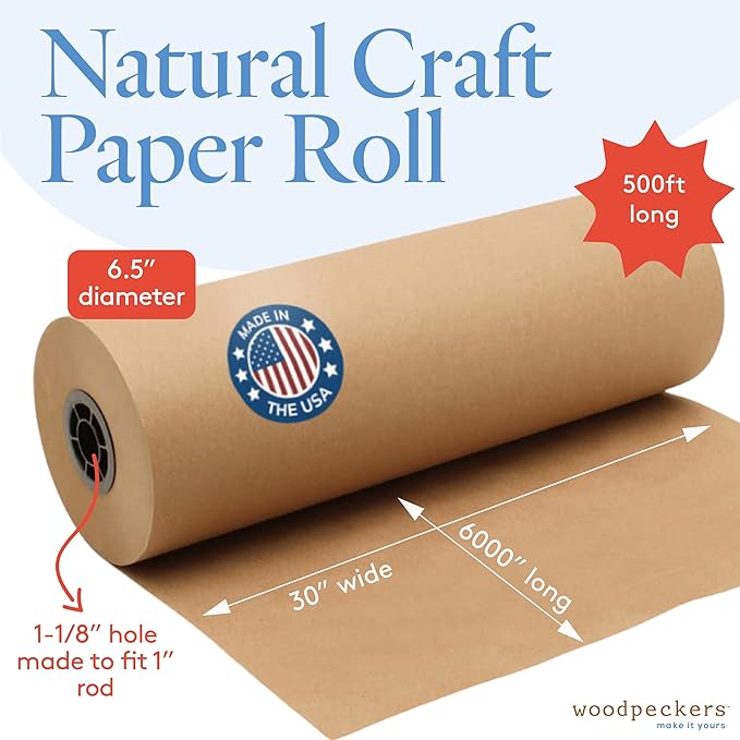 Woodpeckers Brown Kraft Paper Roll 30 inch Wide, 6000 inch Long, 1 Roll, Jumbo Roll for Eco Friendly Christmas Gift Wrapping Paper and Packing Paper