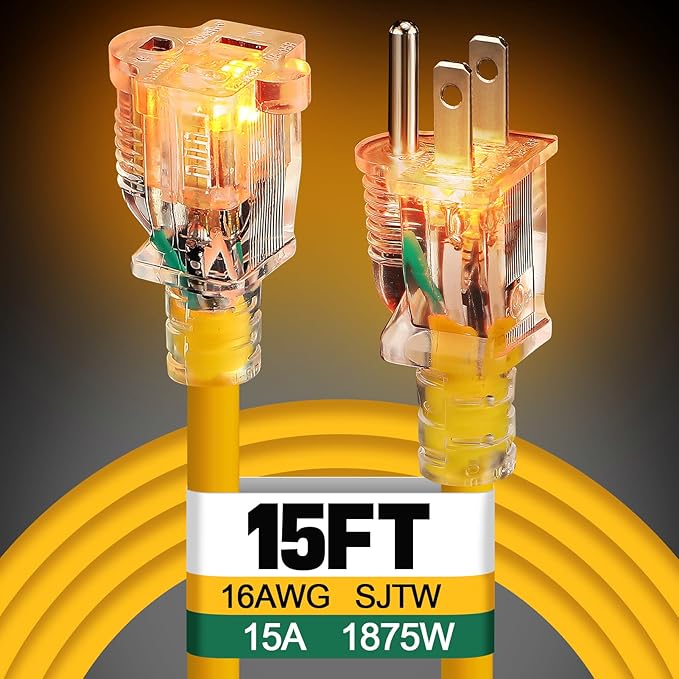 Lighted End Heavy Duty Outdoor Extension Cord Waterproof -16AWG, 3 Prong, 15A, 1875W, Flexible Yellow Power Extension Cord for Outsides, 15ft