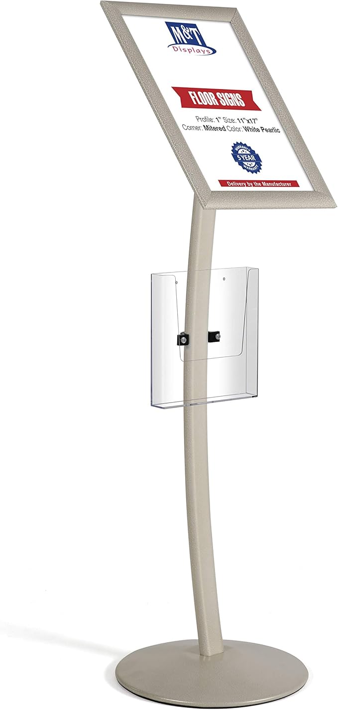 M&T Displays Curved Menu Board, 11x17 Inch Pedestal Sign Holder with 8.5x11 Inch Brochure Holder White Pearlic Floor Standing Aluminum Front Loading Easy Open Poster Message Advertisement Post