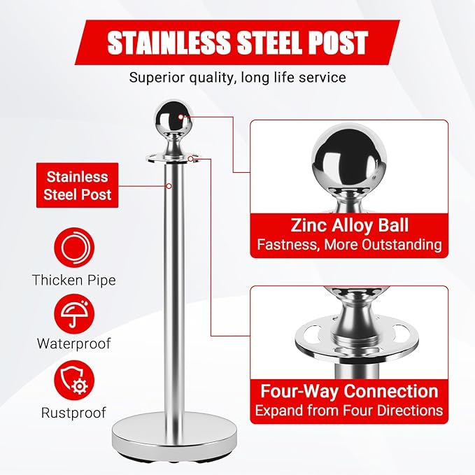 4Pcs Stanchions and Cords Silver Stainless Steel Crowd Control Barriers with 2 Red 4.92Ft Satin Cords Fillable Sand Base No-Tool Assembly for Wedding Party Museum Hotel Exhibition