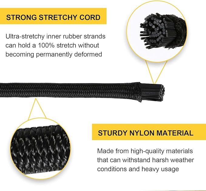 Strong and Durable Bungee Cord - 1/4" x 25ft Elastic Cord, Kayak Stretch String Rope, Bungee Shock Cords for Repairing Tent Poles, DIY, Tie Downs, Black