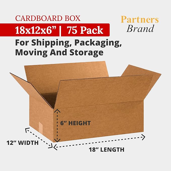 Partners Brand 18x12x6 Corrugated Cardboard Boxes, 18"L x 12"W x 6"H, Pack of 75 | Shipping, Packaging, Moving, Storage Box for Business, Strong Wholesale Bulk Boxes 18x12x6