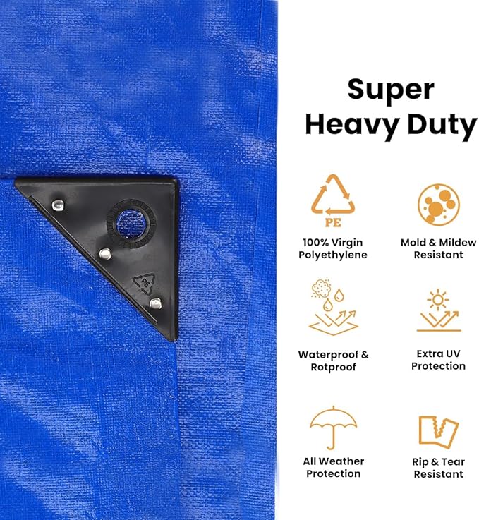 WHITEDUCK 12' x 20' Super Heavy Duty Poly Tarp Thick 16 Mil, Waterproof 100% UV Resistant Rip/Tear Proof Tarp w/Rustproof Grommets & Reinforced Edges (Blue,16 mil Finished Size: 11'6"x19'6")
