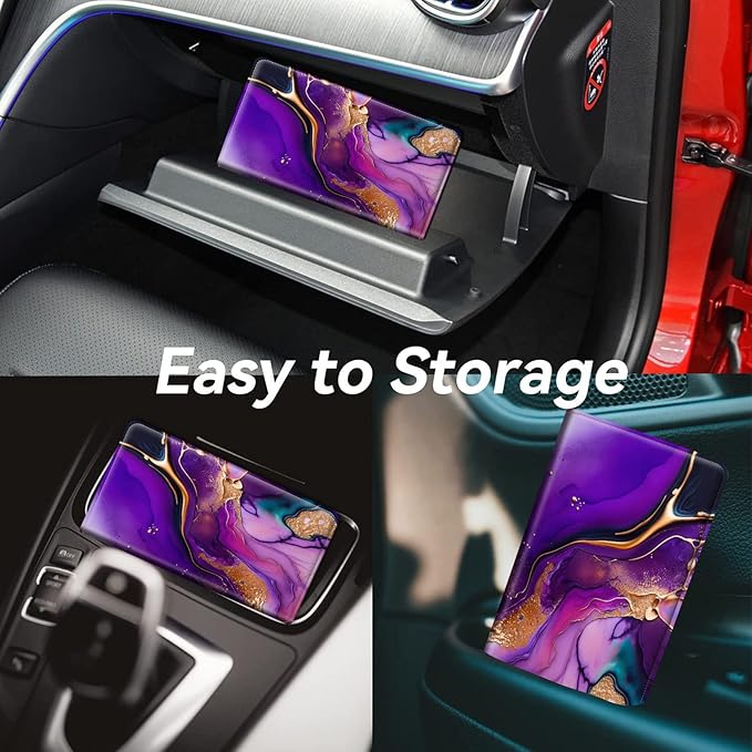 Car Registration and Insurance Holder, Leather Car Glove Box Organizer, Cool Car Accessories for ID, Driver's License Cards & Essential Document,business cards,Men&Womenpurple and gold Marble