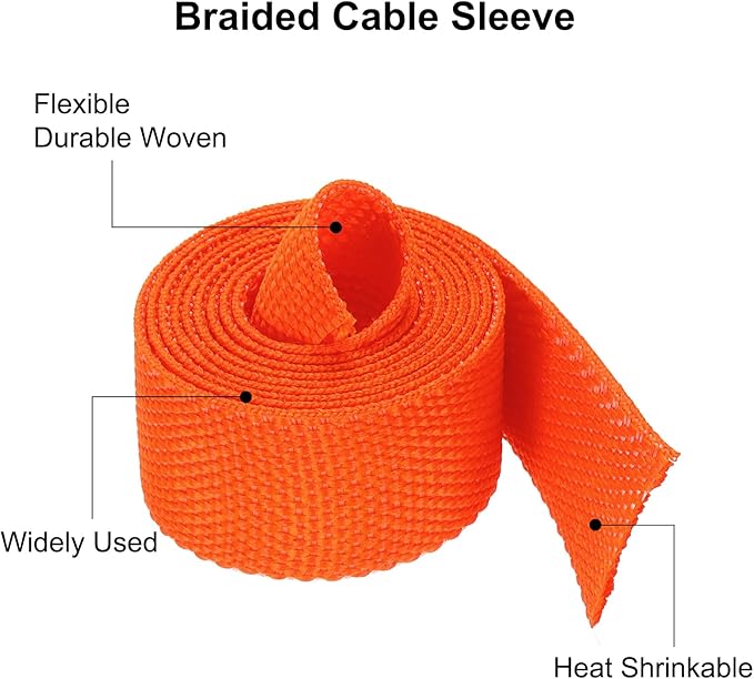 MECCANIXITY Braided Cable Sleeves Heat Shrinkable Fabric Sleeving, 1/2" 3ft Orange 2:1 Ratio Heat Shrinkable Cord Protector for Harness Cable, Network Cable Protection, Cable Management