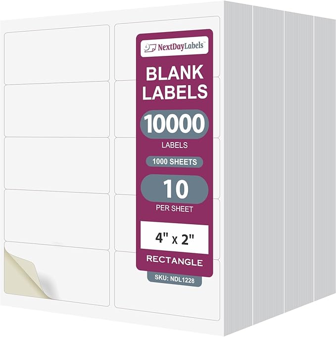 NextDayLabels – 4” x 2” Rectangular Sticker Labels for Printer - White Laser/Inkjet Printer Labels Return Address Labels Shipping Label Stickers (1000 Sheets, 10 Per Sheet, 10000 Labels)