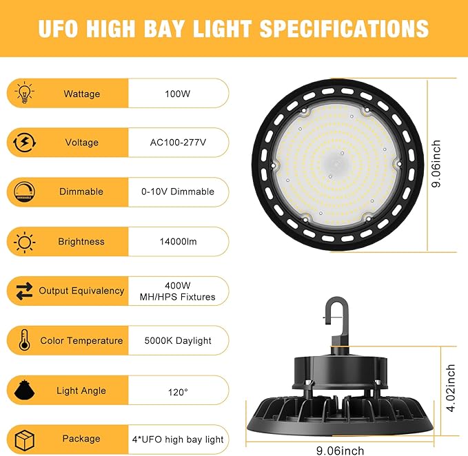 UFO LED High Bay Light 100W 4Pack, High Bay LED Shop Lights 14,000LM Dimmable, 6' Cable with US Plug, Hanging Hook, Safe Rope, ETL Listed LED High Bay Light for Warehouse Factory Barn Shop